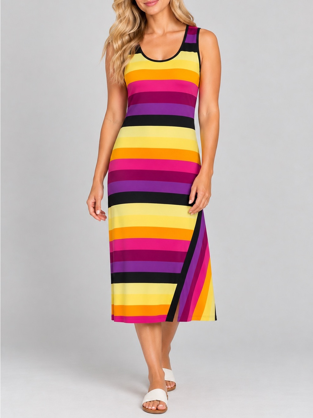 < Frank Lyman Design Collection Vibrant Colorful Striped Maxi Dress >